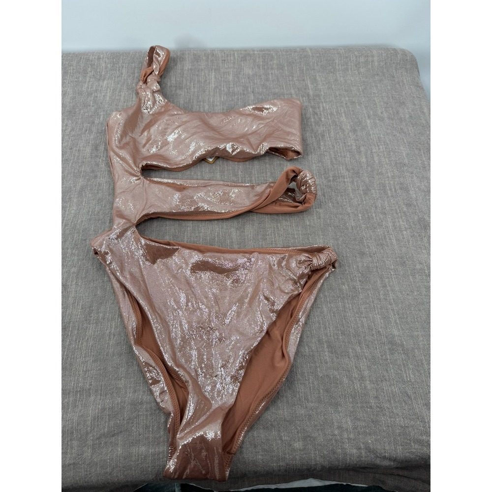 SKIMS Liquid Shine Knotted One Shoulder Monokini Cinnamon Brown Metallic M NWT